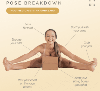A woman doing modified seated wide-angle forward bend.